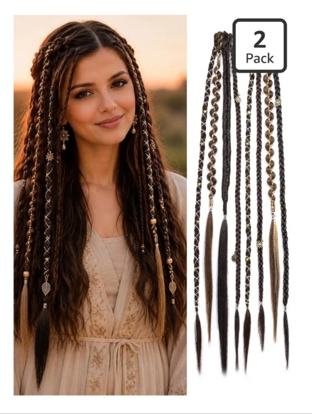 Clip in Braid Hair Extensions, 16” 2PCS Handmade Boho Clip in Braids with Beads